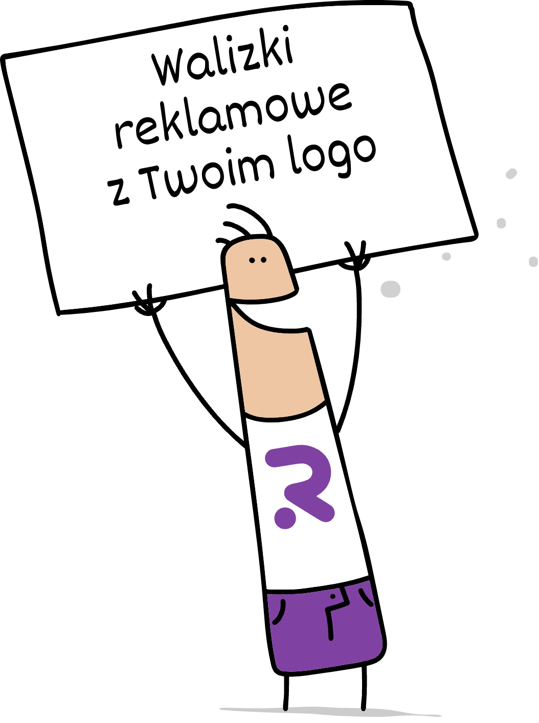 Buddy trzymający napis walizki reklamowe z Twoim logo